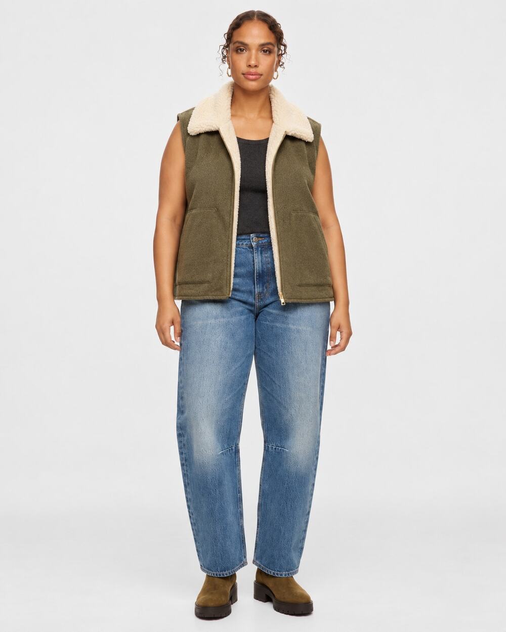 Sanctuary Olive Green Sherpa Lined Mixed Media Vest Women's XXL Full Zip Cozy